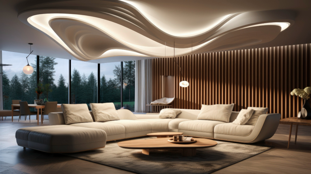 Sala de estar sofisticada com sofá branco em L, mesa de centro de madeira e teto com design de iluminação orgânico.